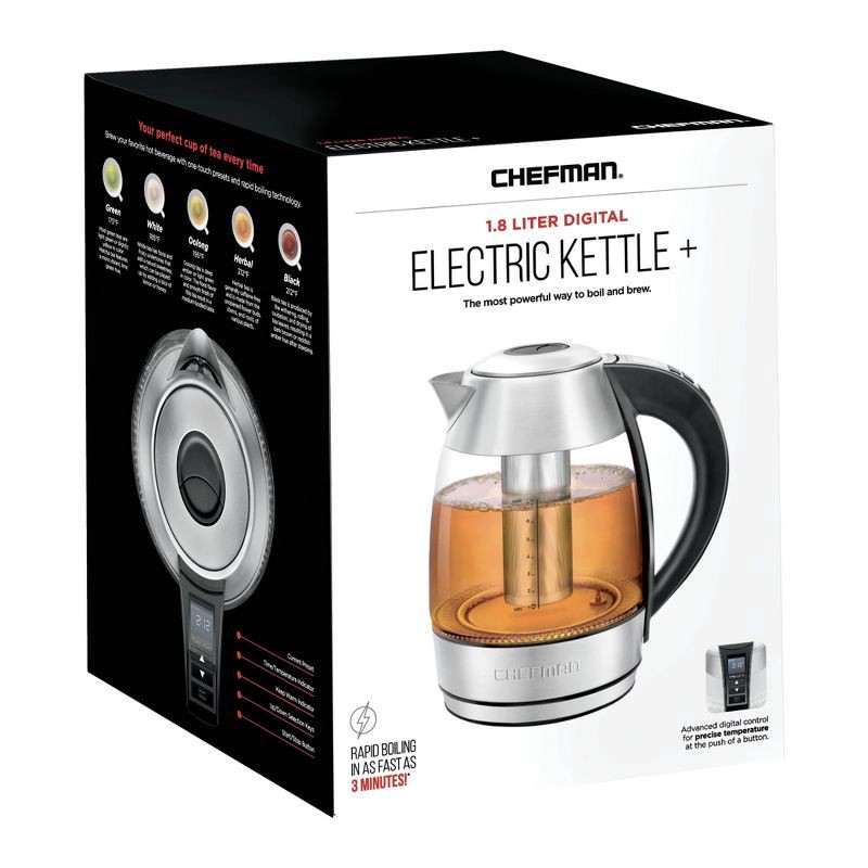 slide 2 of 8, Chefman 1.8L Rapid-Boil Kettle with Temperature Control and Tea Infuser - Stainless Steel, 1.8 liter