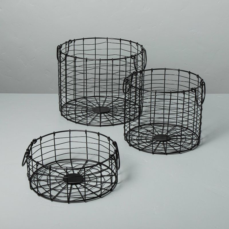 slide 3 of 3, Hearth & Hand with Magnolia Medium Round Wire Storage Basket with Handles Black - Hearth & Hand™ with Magnolia: Iron, Farmhouse Decor Style, 1 ct