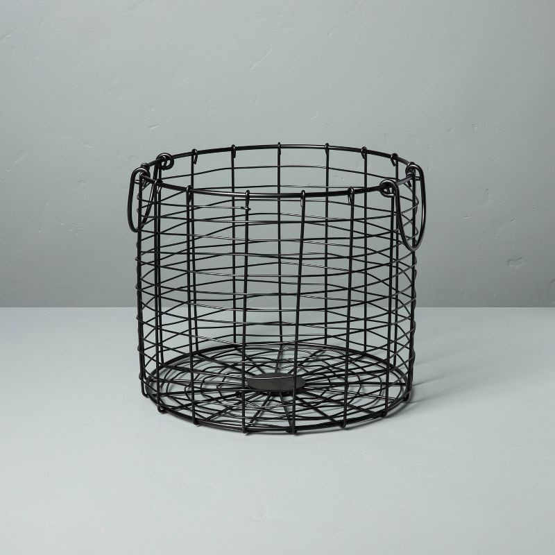 slide 1 of 3, Hearth & Hand with Magnolia Medium Round Wire Storage Basket with Handles Black - Hearth & Hand™ with Magnolia: Iron, Farmhouse Decor Style, 1 ct
