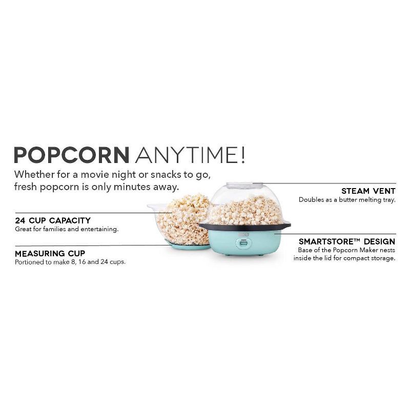 slide 11 of 11, Dash 6qt SmartStore Stirring Popcorn Maker - Aqua: Electric Popcorn Popper, 850W, Hand Wash, 1-Year Warranty, 6 qt