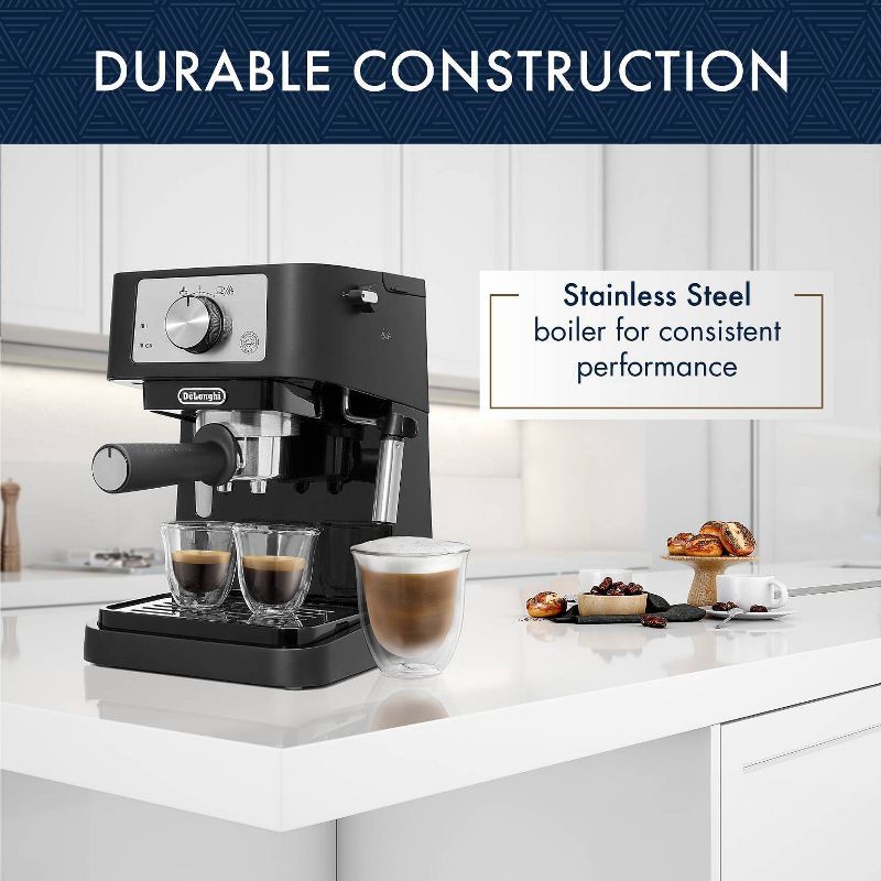 slide 6 of 9, Stilosa Espresso Machine by Delonghi - EC260BK: 15-Bar Pressure, Frothing Wand, Removable Water Reservoir, Dishwasher-Safe Parts, 1 ct