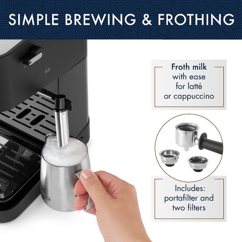 slide 8 of 9, Stilosa Espresso Machine by Delonghi - EC260BK: 15-Bar Pressure, Frothing Wand, Removable Water Reservoir, Dishwasher-Safe Parts, 1 ct