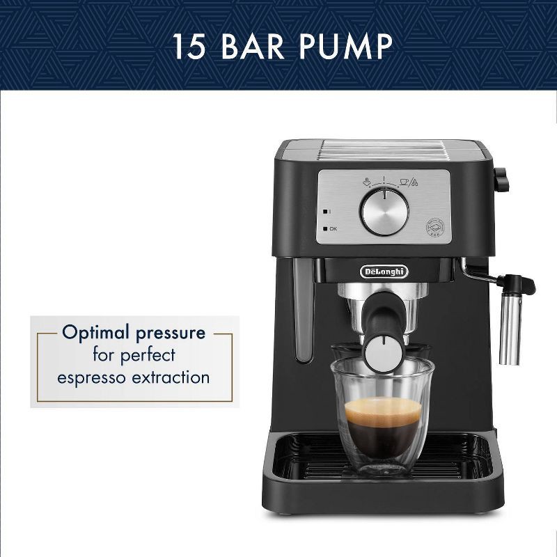 slide 9 of 9, Stilosa Espresso Machine by Delonghi - EC260BK: 15-Bar Pressure, Frothing Wand, Removable Water Reservoir, Dishwasher-Safe Parts, 1 ct
