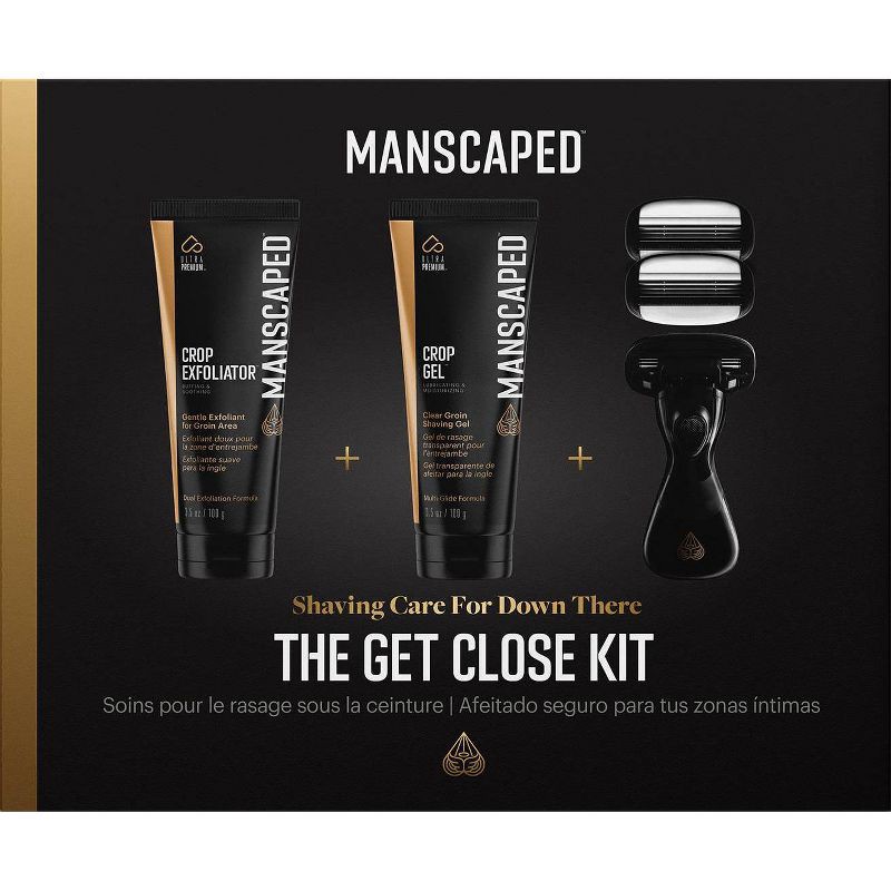 slide 1 of 8, MANSCAPED The Get Close Kit, Male Hygiene Shaving Set With Groin Razor, Clear Shaving Gel, and Exfoliator, 1 ct