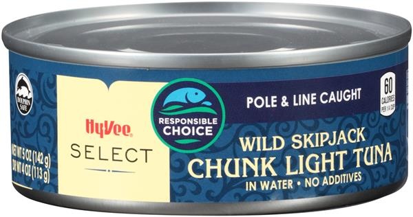 slide 1 of 1, Hy-vee Select Wild Skipjack Chunk Light Tuna In Water, 5 oz