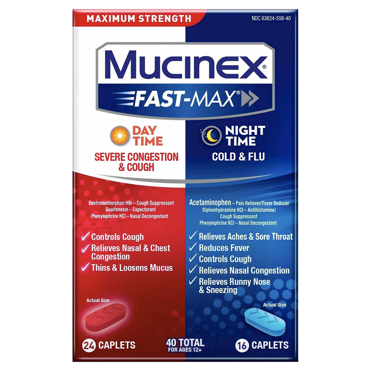 slide 1 of 1, Mucinex Fast-Max Day Time Severe Congestion & Cough & Night Time Cold And Flu Multi Sympton Relief Caplets - 40 Count, 40 ct