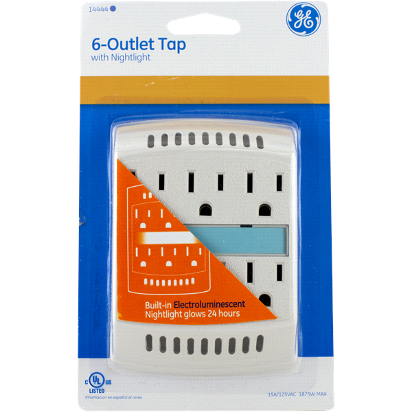 slide 1 of 2, GE 6 Outlet Power Tap with Night Light, 1 ct
