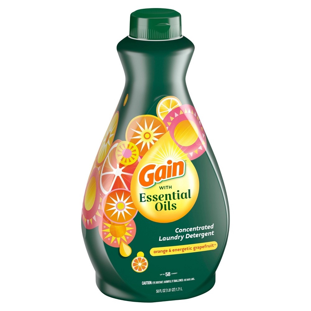 slide 3 of 8, Gain Essential Oils Orange & Energetic Grapefruit Liquid Laundry Detergent - The Uplifting Scent, 58 fl oz