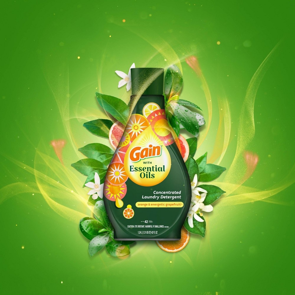 slide 6 of 8, Gain Essential Oils Orange & Energetic Grapefruit Liquid Laundry Detergent - The Uplifting Scent, 58 fl oz