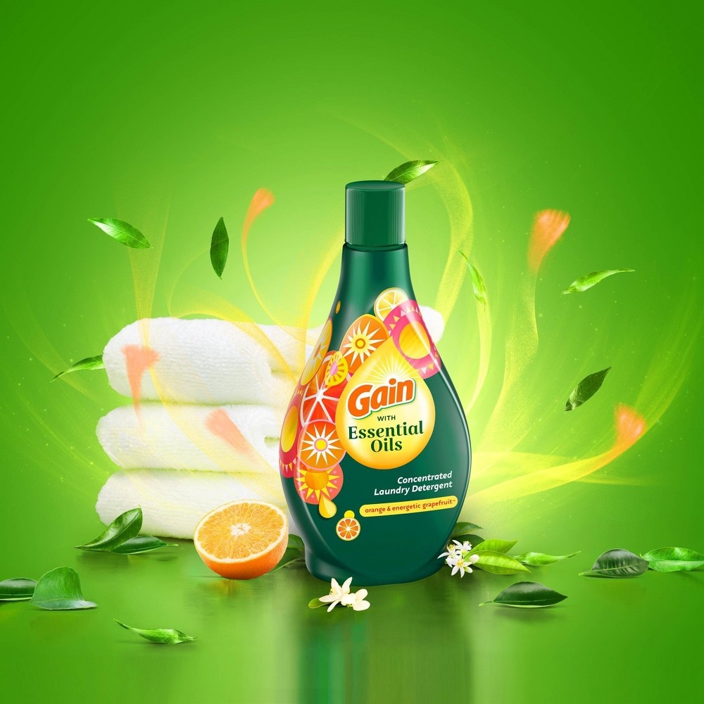 slide 7 of 8, Gain Essential Oils Orange & Energetic Grapefruit Liquid Laundry Detergent - The Uplifting Scent, 58 fl oz
