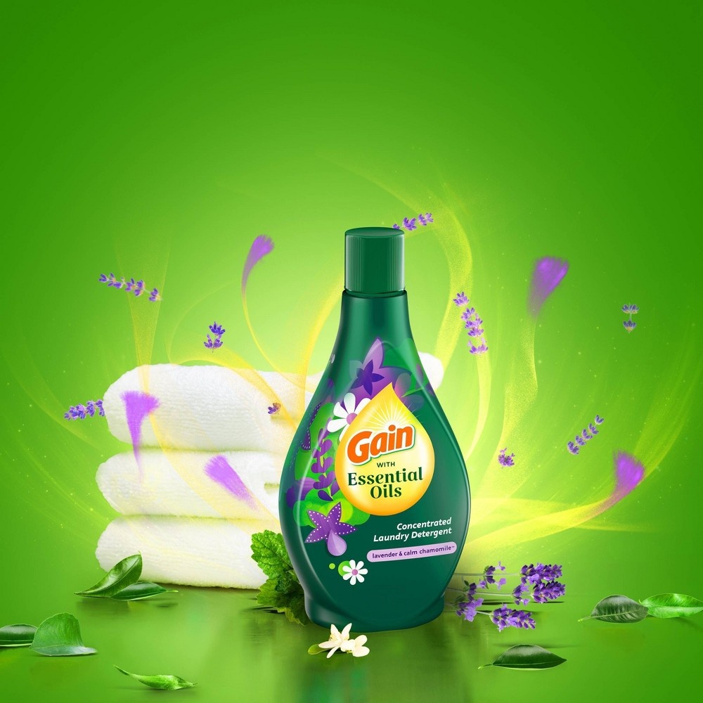 slide 7 of 8, Gain with Essential Oils Lavender & Chamomile Calm Liquid Laundry Detergent - The Serene Scent, 58 fl oz