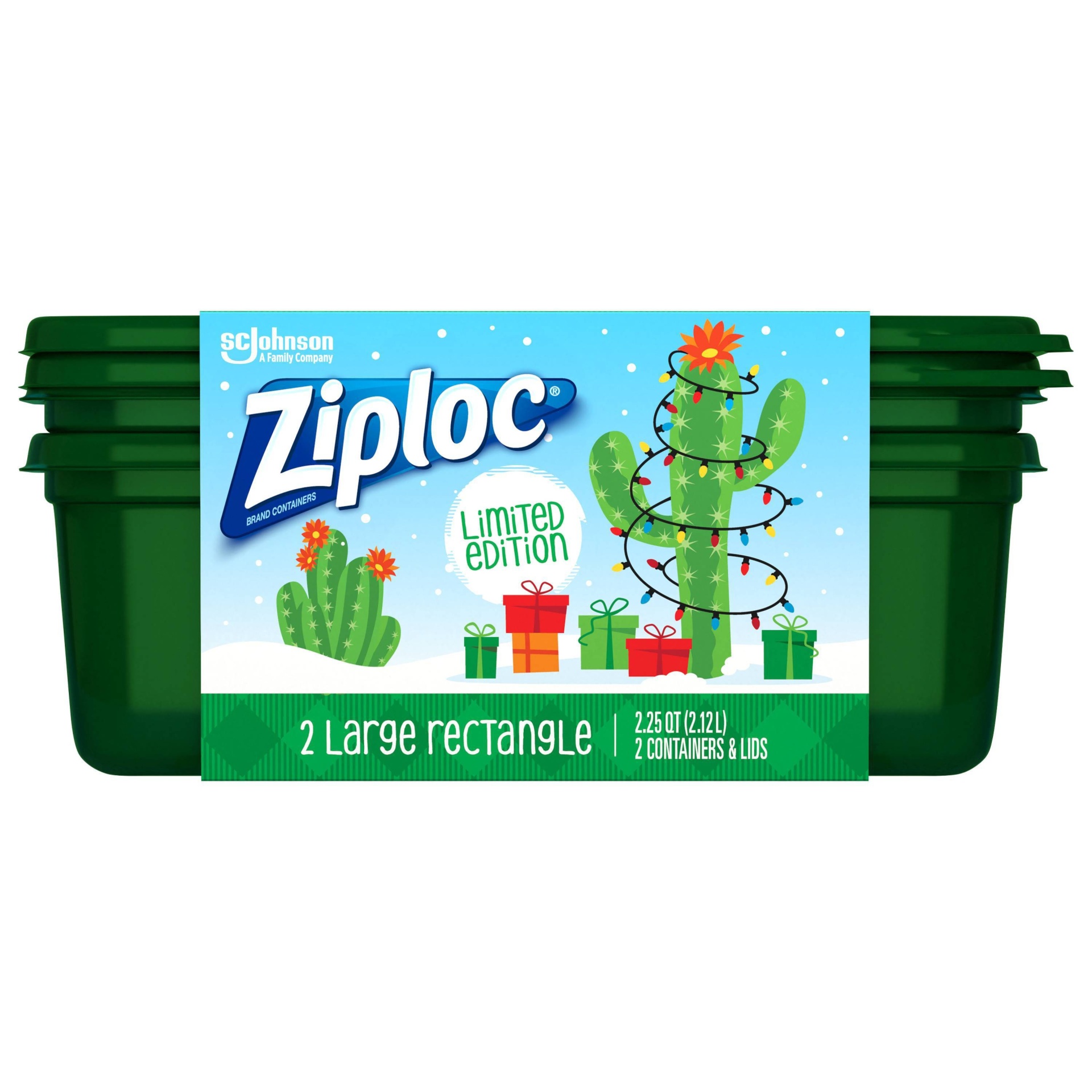 slide 1 of 4, Ziploc Holiday Container Large Rectangle - Green, 2 ct