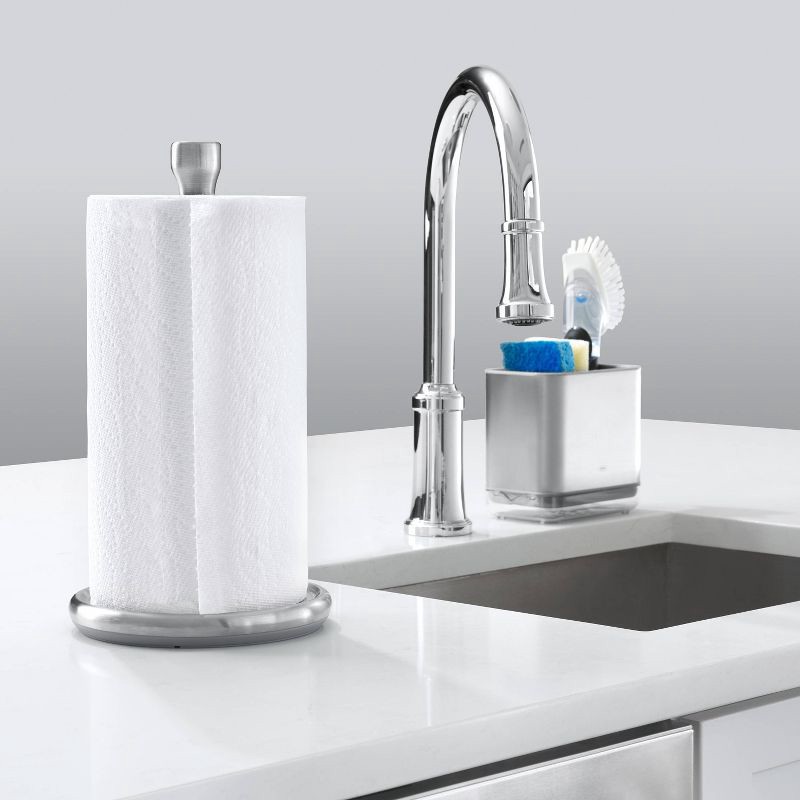 slide 2 of 3, OXO Steady Paper Towel Holder: Stainless Steel, Light Silver, 13.5" Height, 1 ct