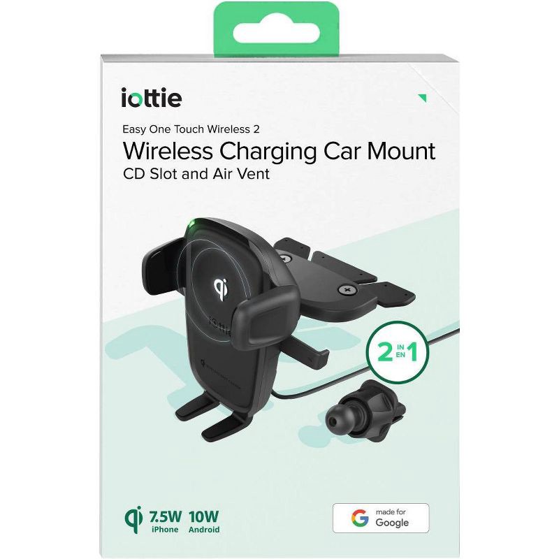 slide 8 of 8, iOttie Easy One Touch Wireless 2 Air Vent/CD with 10W Qi Wireless Charging Mount - Black: Car Phone Holder, Universal Electronics Model Compatibility, 1 ct
