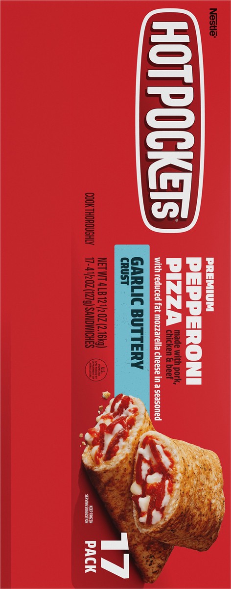 slide 5 of 14, Hot Pockets Pepperoni Pizza Garlic Buttery Crust Frozen Snacks, Pizza Snacks Made with Mozzarella Cheese, 17 Count Frozen Sandwiches, 76.50 oz