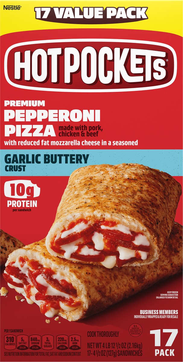 slide 10 of 14, Hot Pockets Pepperoni Pizza Garlic Buttery Crust Frozen Snacks, Pizza Snacks Made with Mozzarella Cheese, 17 Count Frozen Sandwiches, 76.50 oz