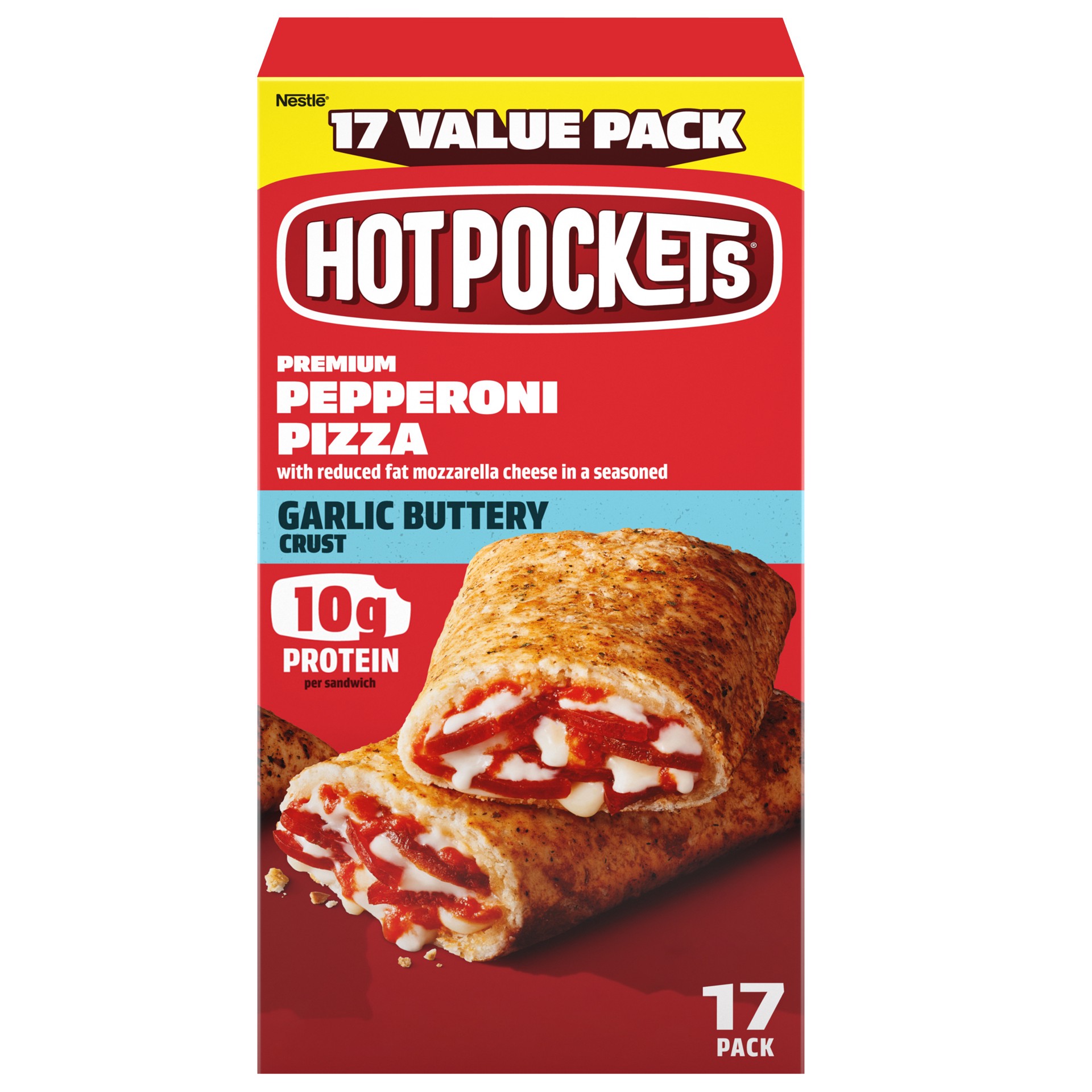 slide 1 of 14, Hot Pockets Pepperoni Pizza Garlic Buttery Crust Frozen Snacks, Pizza Snacks Made with Mozzarella Cheese, 17 Count Frozen Sandwiches, 76.50 oz