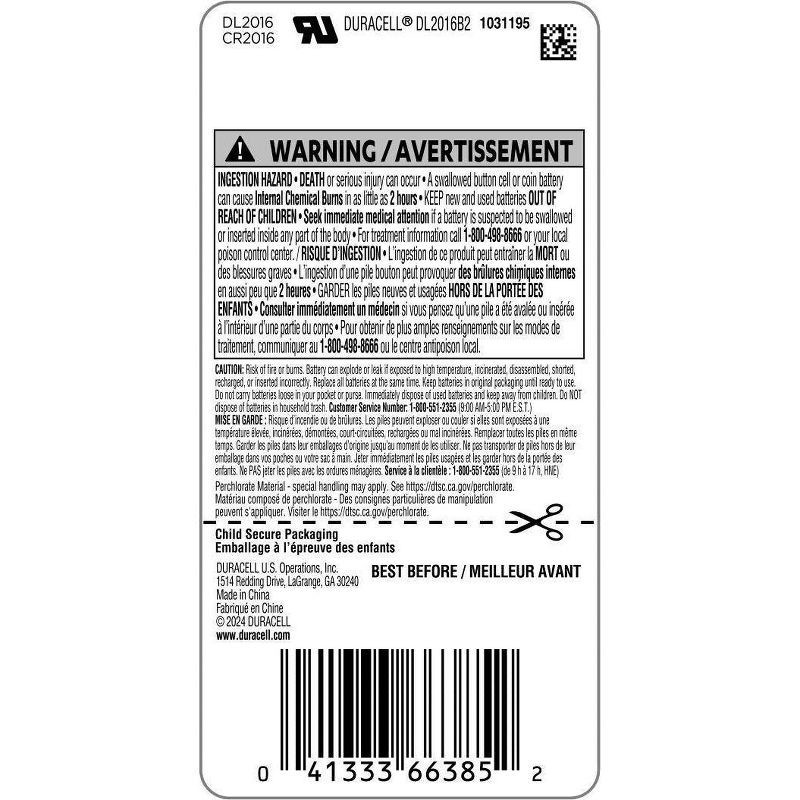 slide 9 of 9, Duracell 2016 Batteries Lithium Coin Button - 2 Pack - Specialty Battery w/ Bitterant Technology: Single-Use, 3V, 2 ct