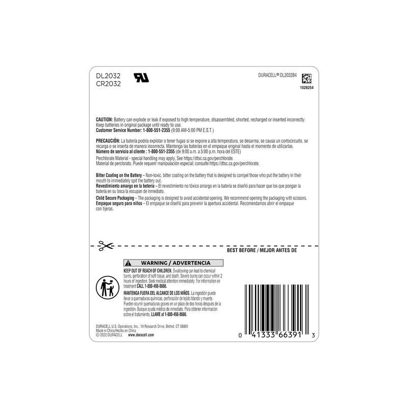 slide 6 of 6, Duracell 2032 Lithium Coin Battery - 4pk Specialty Battery w/ Bitterant Technology, 4 ct