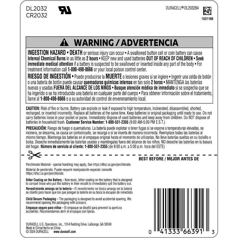 slide 9 of 9, Duracell 2032 Lithium Coin Battery - 4pk Specialty Battery w/ Bitterant Technology: Capacity 265 mAh, 4 ct