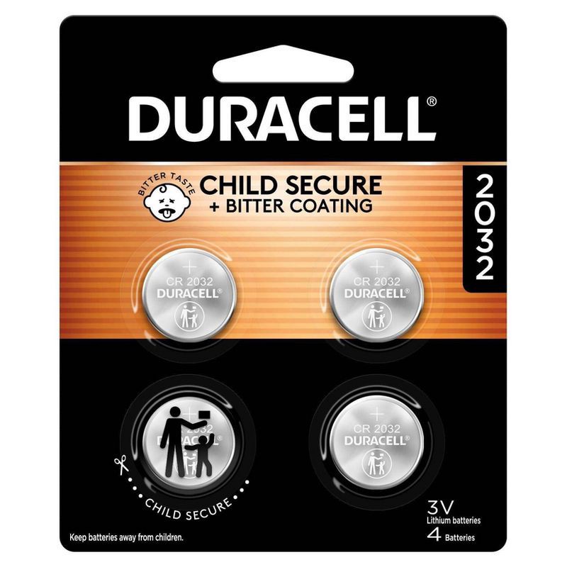 slide 1 of 9, Duracell 2032 Lithium Coin Battery - 4pk Specialty Battery w/ Bitterant Technology: Capacity 265 mAh, 4 ct