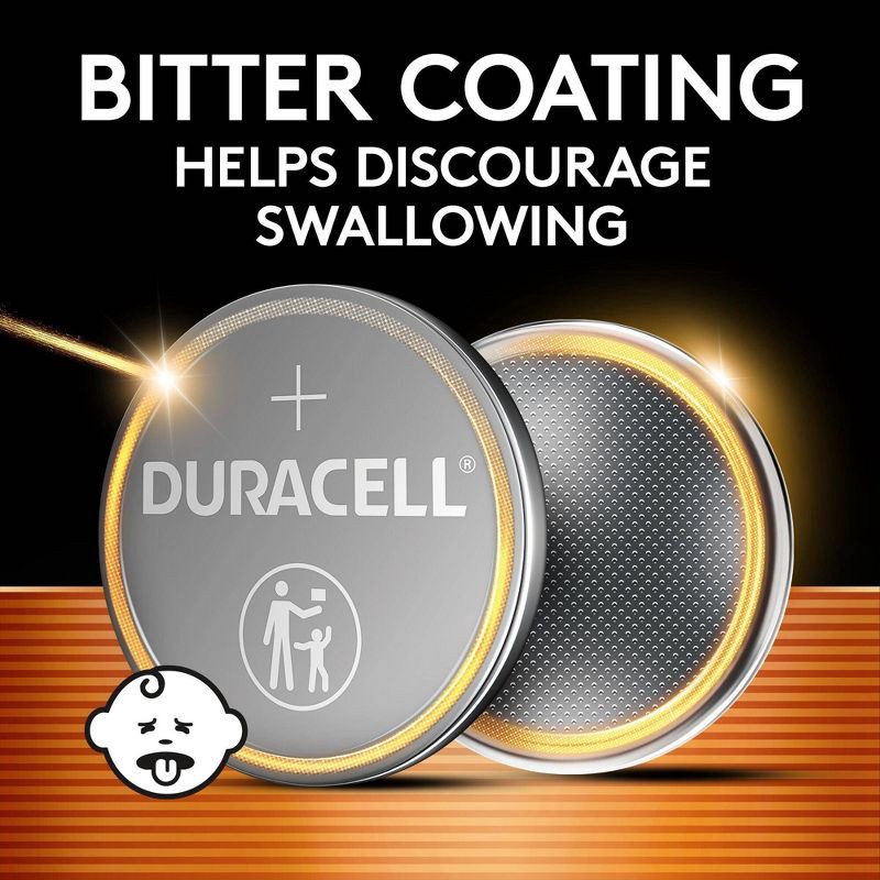 slide 3 of 9, Duracell 2032 Lithium Coin Battery - 2pk Specialty Battery w/ Bitterant Technology: 3V, 265mAh, 2 ct