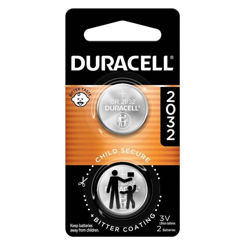 slide 1 of 9, Duracell 2032 Lithium Coin Battery - 2pk Specialty Battery w/ Bitterant Technology: 3V, 265mAh, 2 ct