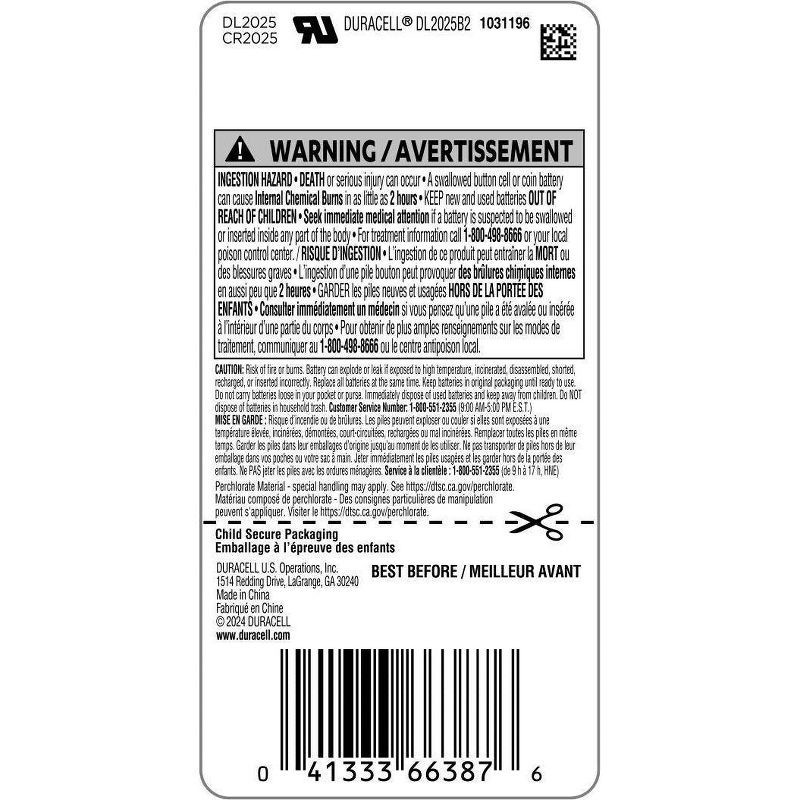 slide 9 of 9, Duracell 2025 Batteries Lithium Coin Button - 2 Pack - Specialty Battery w/ Bitterant Technology: CR2025 3V Single-Use Household Batteries, 2 ct