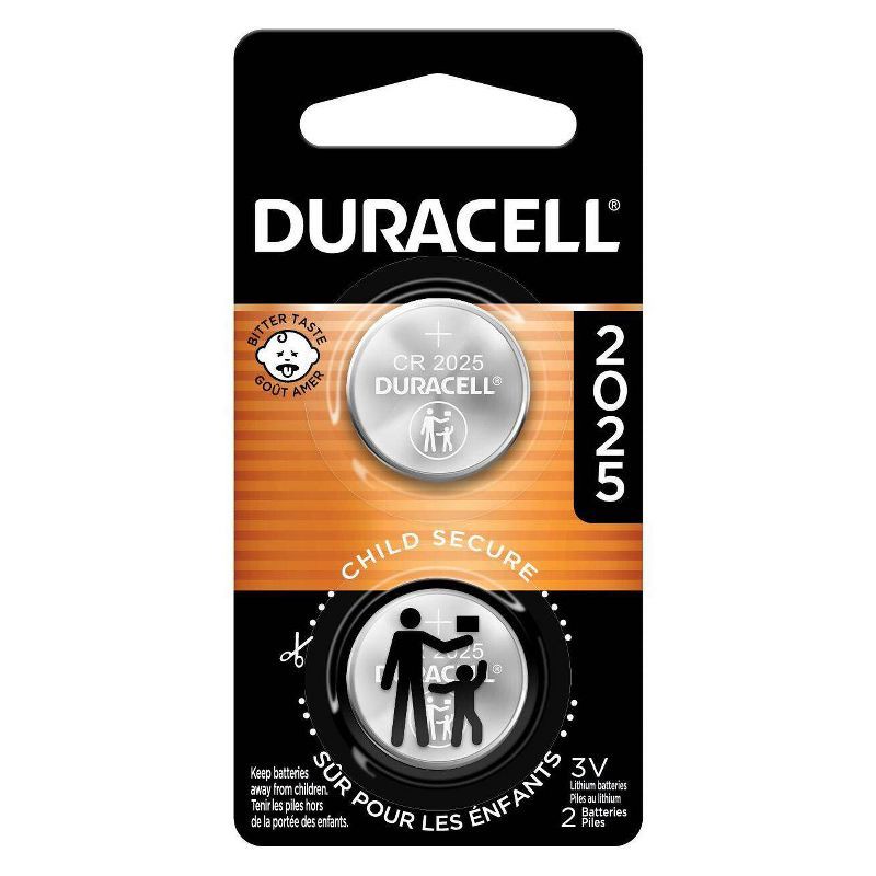 slide 1 of 9, Duracell 2025 Batteries Lithium Coin Button - 2 Pack - Specialty Battery w/ Bitterant Technology: CR2025 3V Single-Use Household Batteries, 2 ct