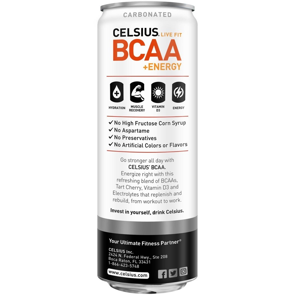 slide 2 of 6, Celsius BCAA Blood Orange Lemonade Sparkling Energy Drink - 12 fl oz Can, 12 fl oz