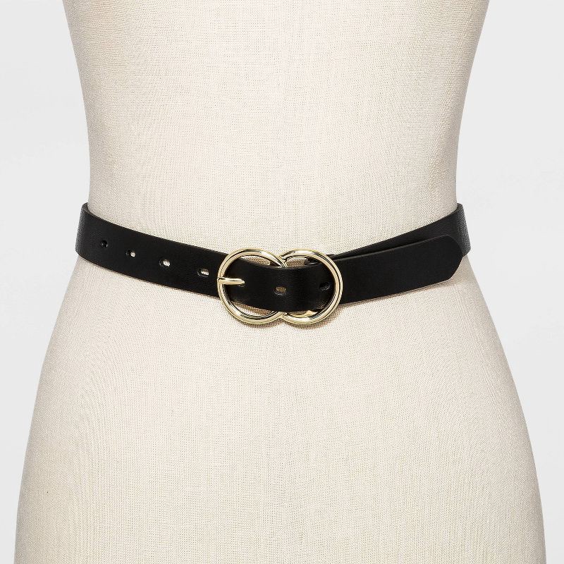 slide 2 of 2, Women's Double Buckle Belt - A New Day™ Black M: Adjustable Skinny Strap, Solid Pattern, & Bonded Leather, 1 ct