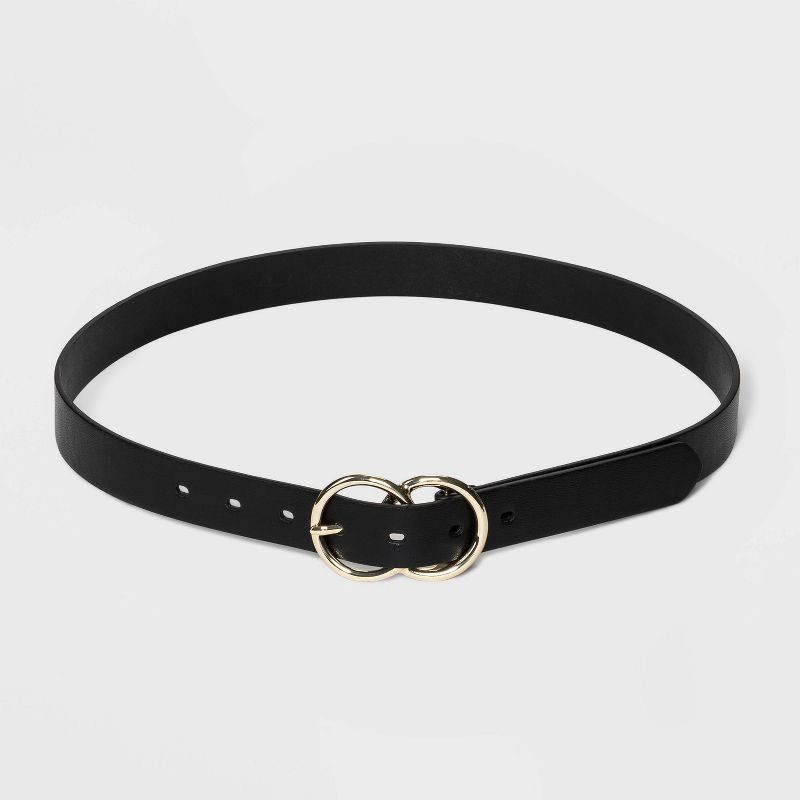 slide 1 of 2, Women's Double Buckle Belt - A New Day™ Black M: Adjustable Skinny Strap, Solid Pattern, & Bonded Leather, 1 ct