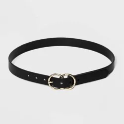 Women's Double Buckle Belt - A New Day™ Black M: Adjustable Skinny Strap, Solid Pattern, & Bonded Leather