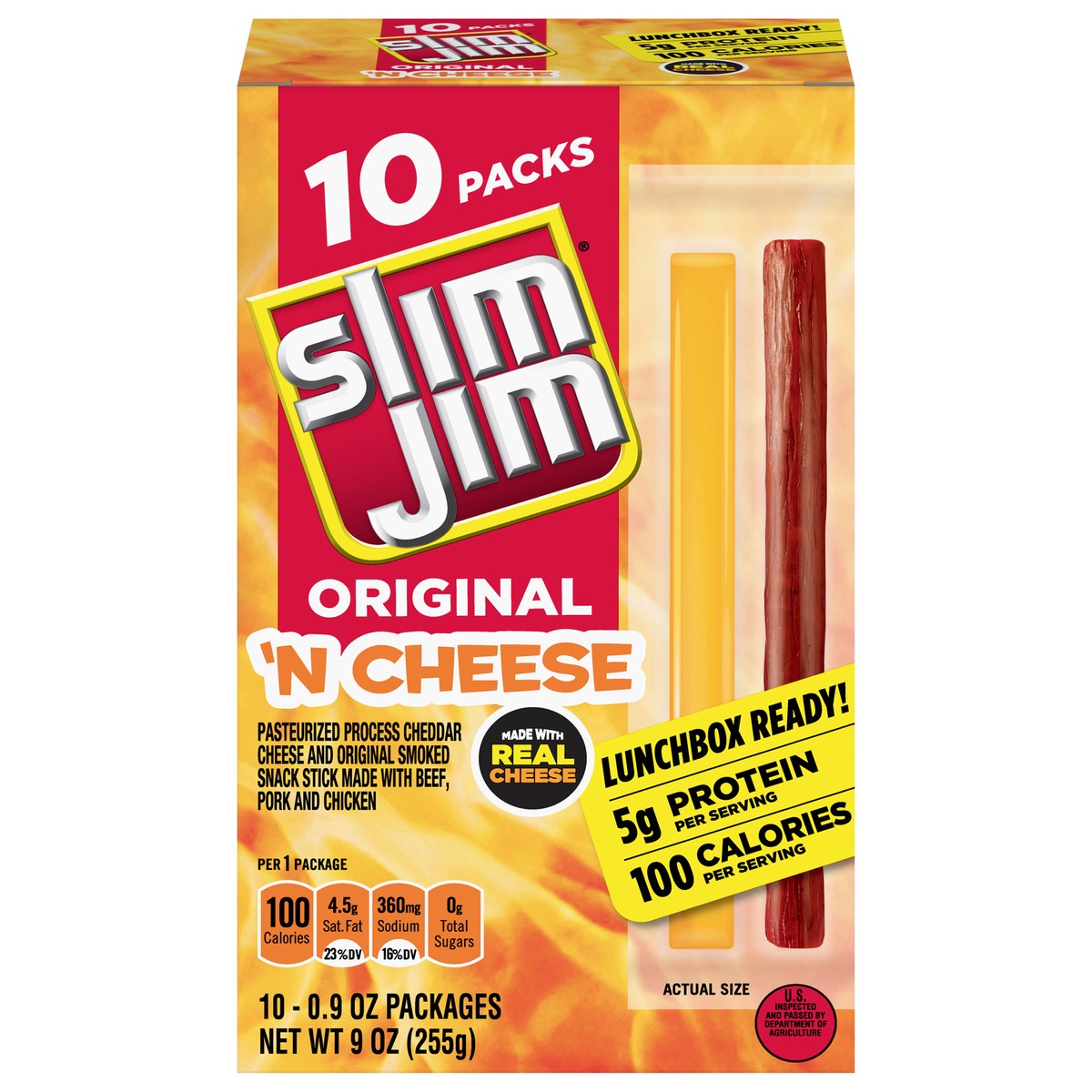 slide 1 of 5, Slim Jim Original 'N Cheese Snack Stick 10 - 0.9 oz Packages, 10 ct