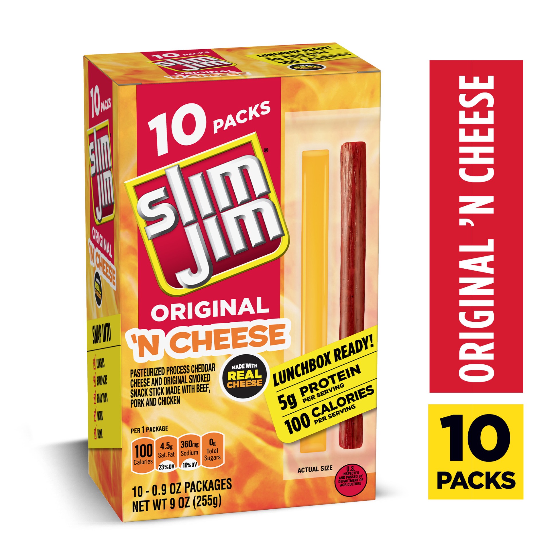slide 1 of 5, Slim Jim Original 'N Cheese Snack Stick 10 - 0.9 oz Packages, 10 ct
