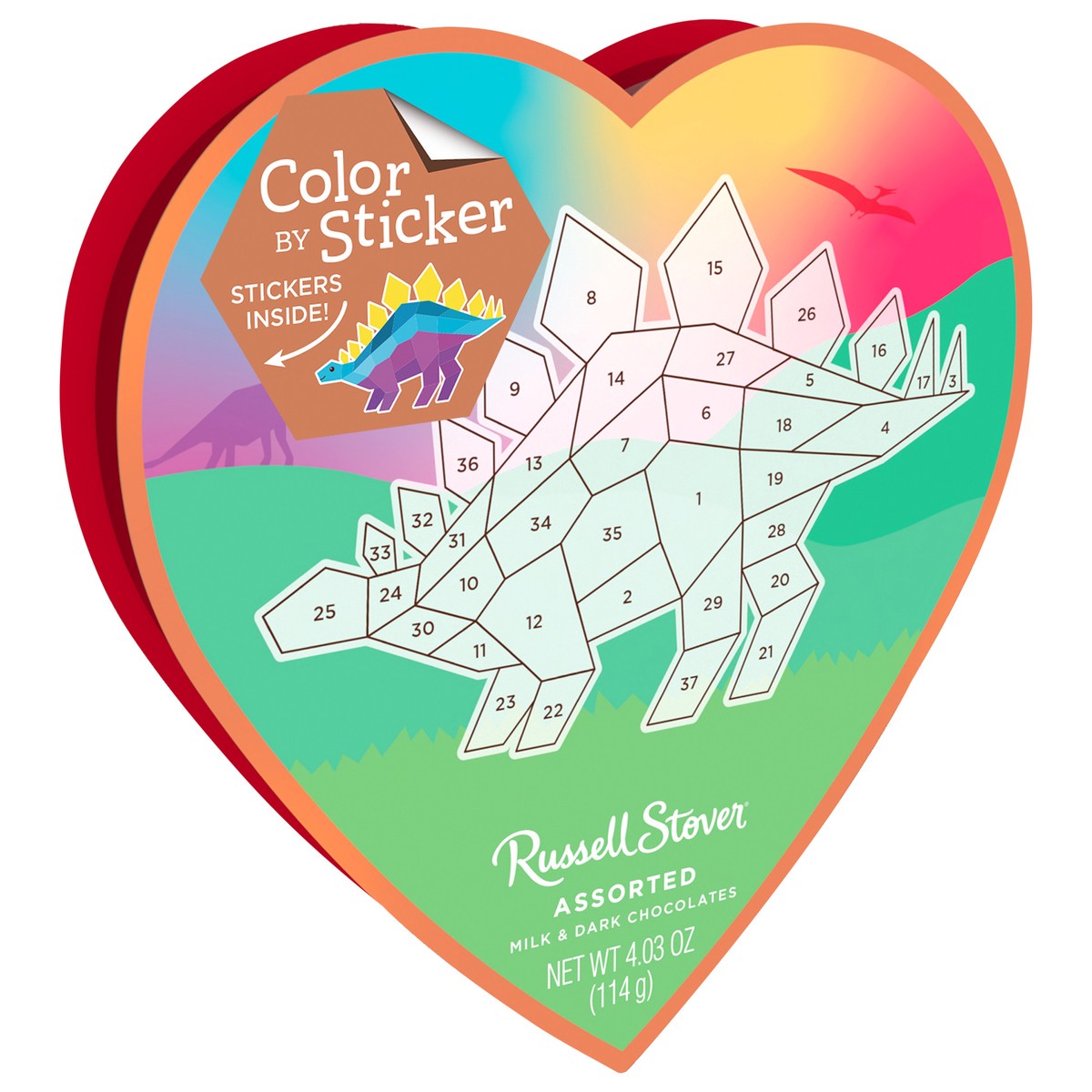 slide 7 of 8, Russell Stover Valentine's Day Color Sticker Dinosaur Assorted Milk & Dark Chocolate Gift Box, 4.3 oz. (˜ 7 pieces), 7 ct
