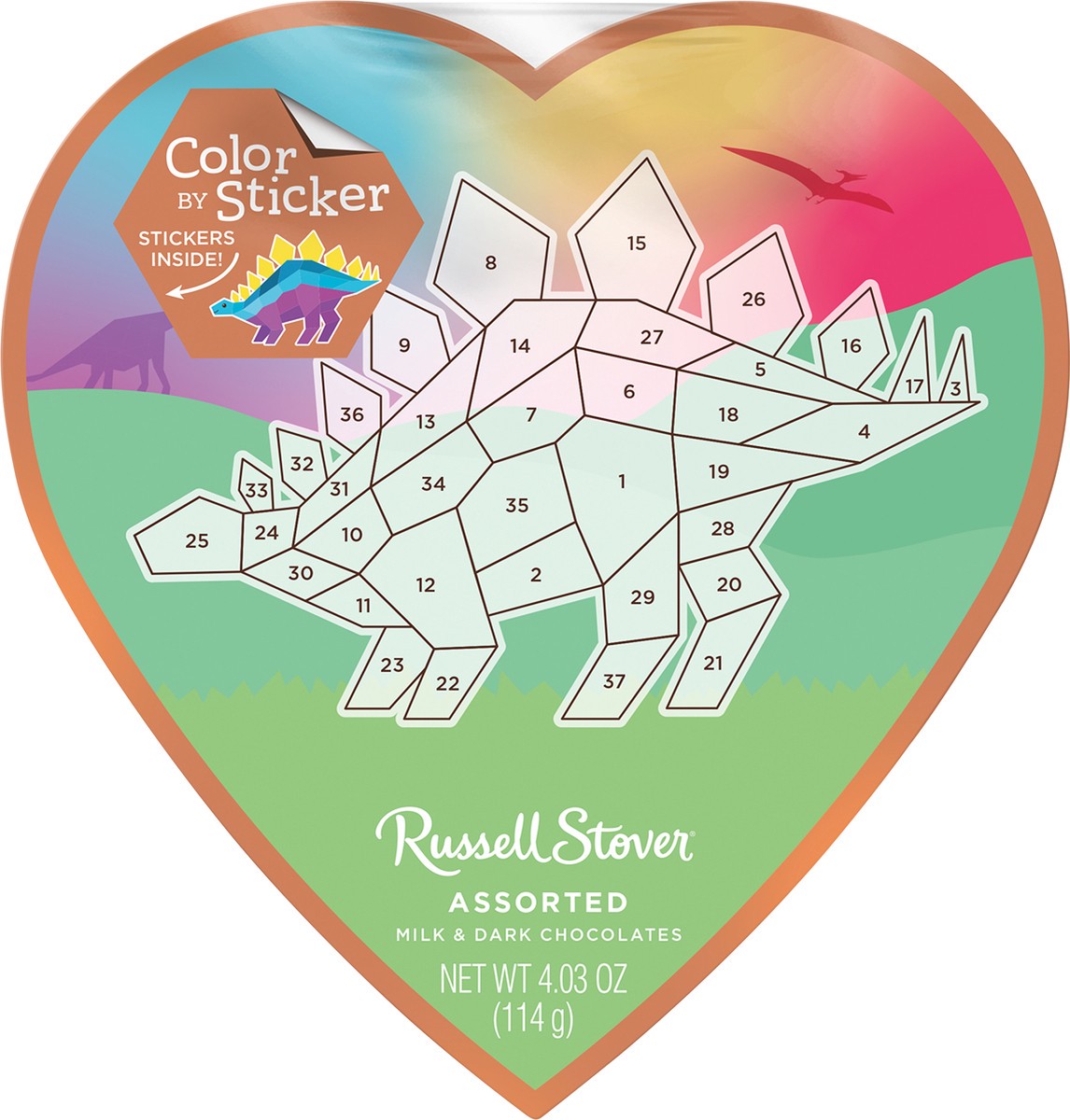slide 5 of 8, Russell Stover Valentine's Day Color Sticker Dinosaur Assorted Milk & Dark Chocolate Gift Box, 4.3 oz. (˜ 7 pieces), 7 ct