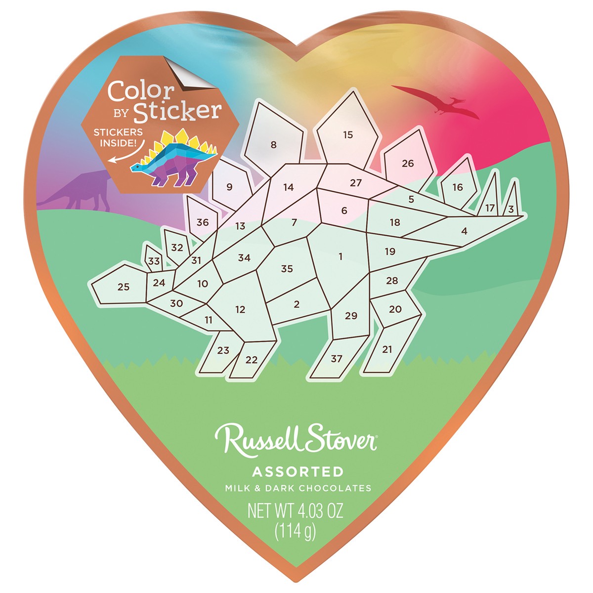 slide 1 of 8, Russell Stover Valentine's Day Color Sticker Dinosaur Assorted Milk & Dark Chocolate Gift Box, 4.3 oz. (˜ 7 pieces), 7 ct