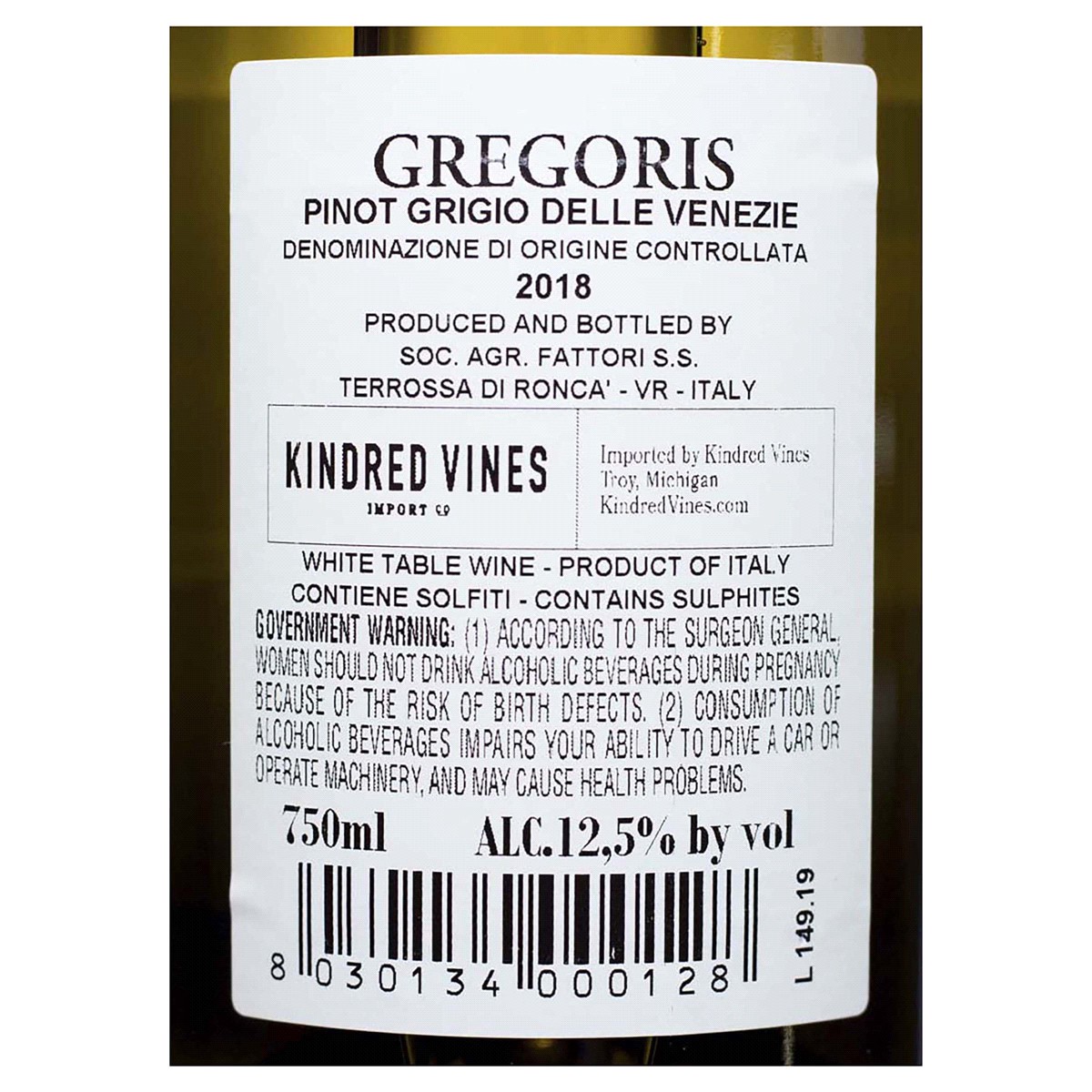 slide 2 of 2, Fattori Pinot Grigio Gregoris White, 750 ml