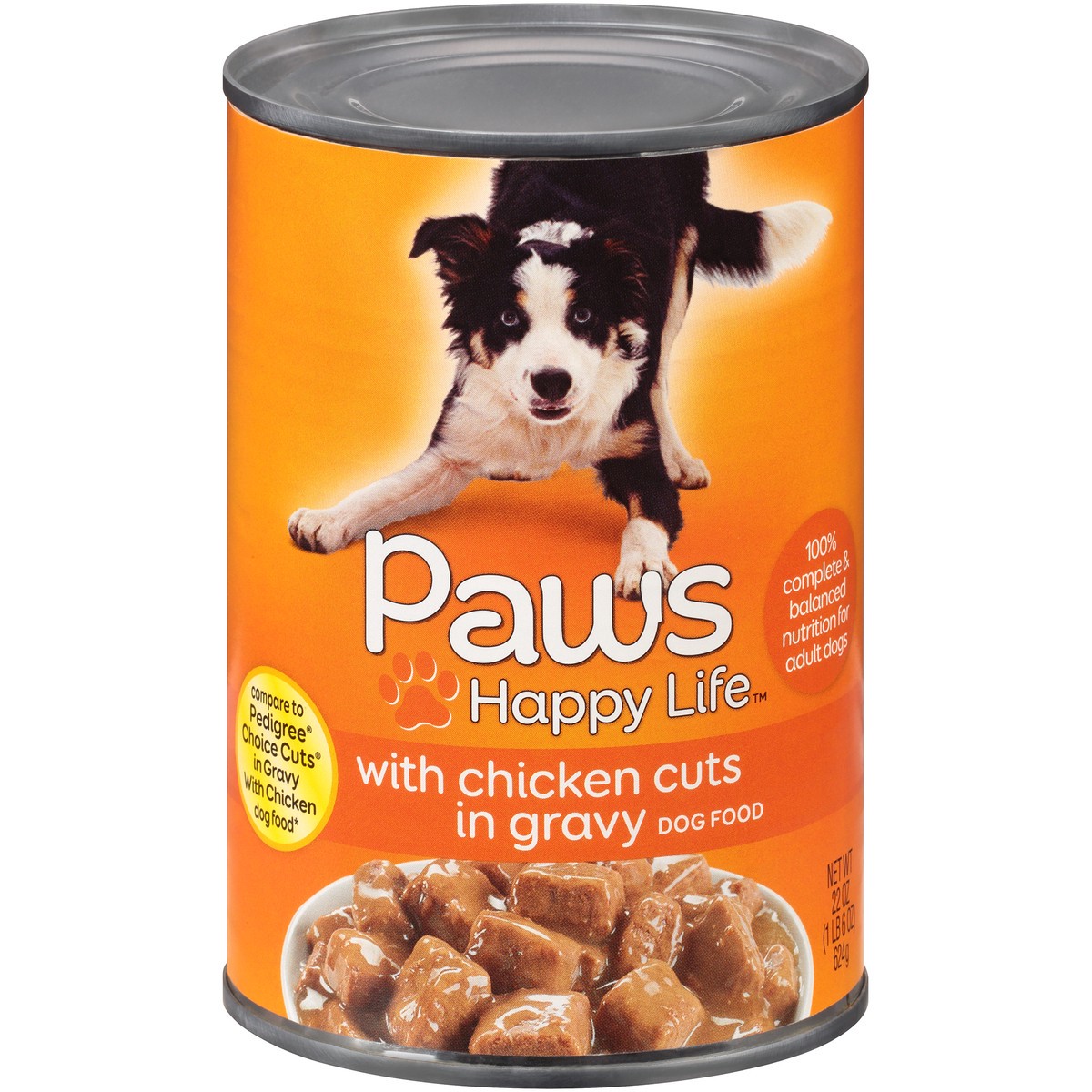 slide 1 of 9, Paws Happy Life Chicken Cuts In Gravy Dog Food, 22 oz