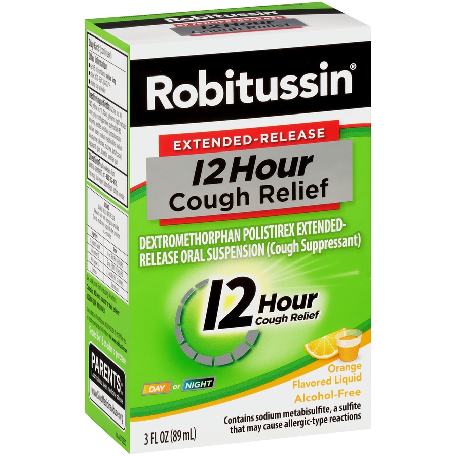 slide 2 of 6, Robitussin Extended-Release 12 Hour Orange Flavored Cough Relief & Suppressant, 3 fl oz