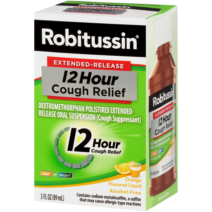 slide 3 of 6, Robitussin Extended-Release 12 Hour Orange Flavored Cough Relief & Suppressant, 3 fl oz