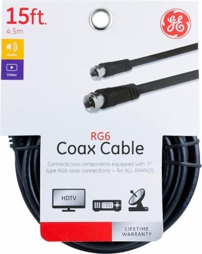 slide 1 of 1, GE Audio/Video Coax Cable, RG6 - Black, 15 ft