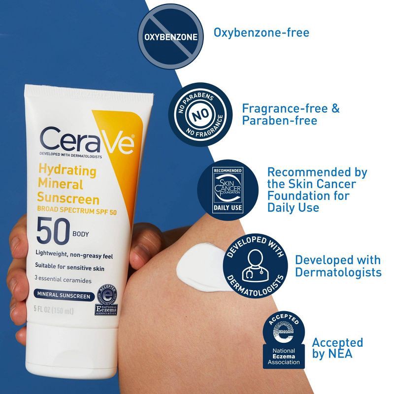 slide 3 of 9, CeraVe Hydrating 100% Mineral Sunscreen for Body - SPF 50 - 5 fl oz, 0 x 5 fl oz