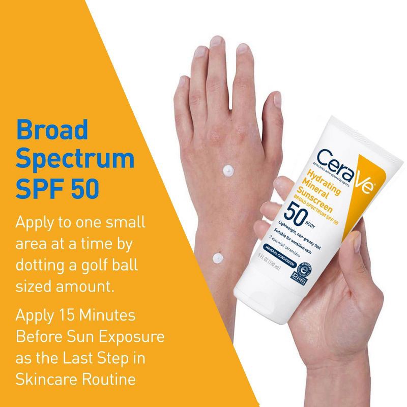 slide 6 of 9, CeraVe Hydrating 100% Mineral Sunscreen for Body - SPF 50 - 5 fl oz, 0 x 5 fl oz