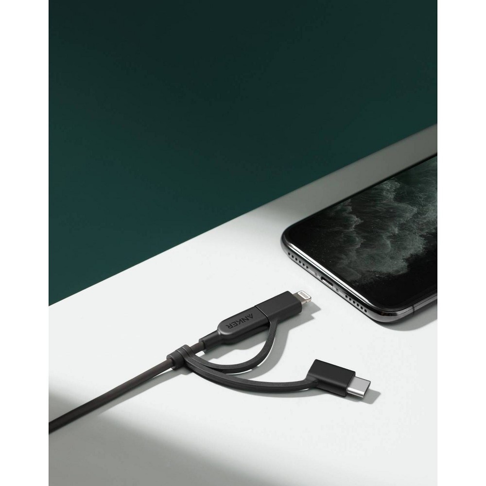 slide 4 of 6, Anker 3' PowerLine II 3-in-1 USB-A to Lightning/USB-C/Micro USB Cable - Black, 1 ct