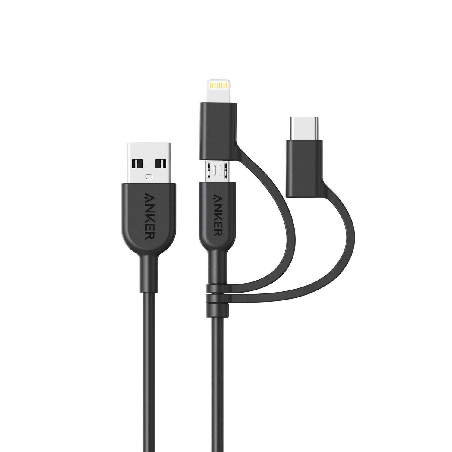 slide 1 of 6, Anker 3' PowerLine II 3-in-1 USB-A to Lightning/USB-C/Micro USB Cable - Black, 1 ct