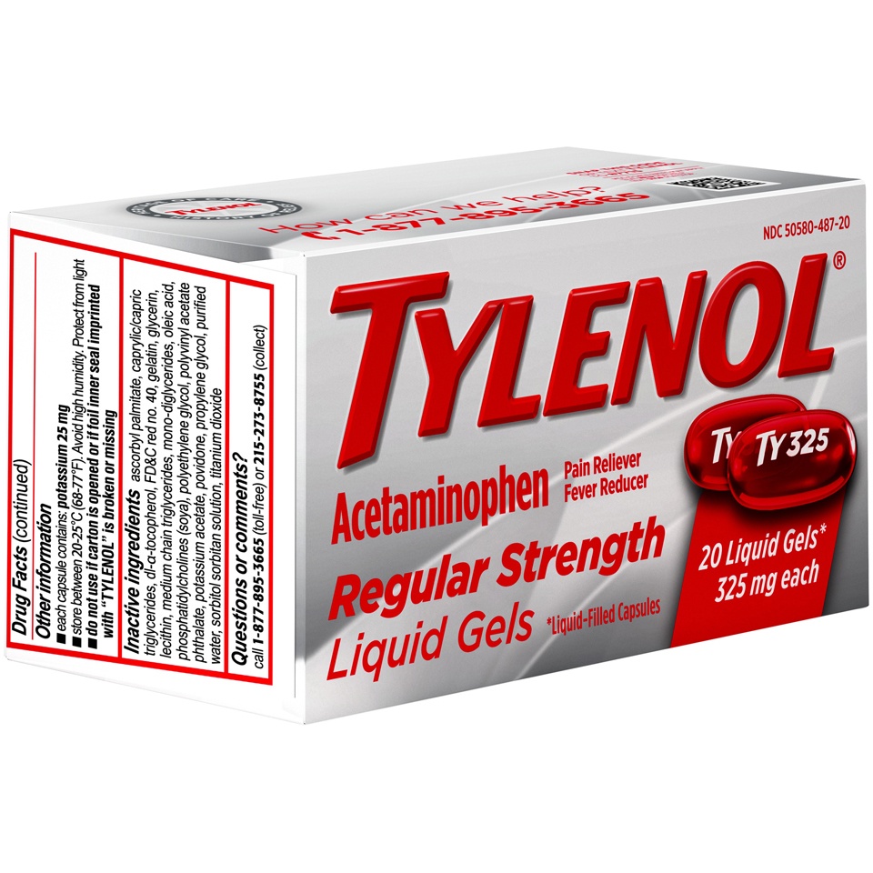 slide 4 of 6, Tylenol Regular Strength Liquid Gels with 325 mg of Acetaminophen, Pain Reliever & Fever Reducer in Liquid-Filled Capsules, 20 ct, 20 ct