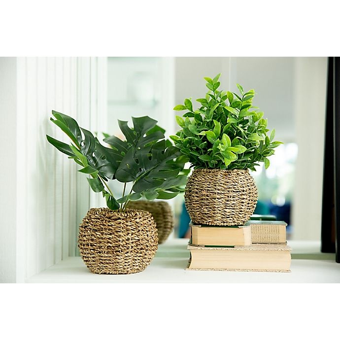 slide 3 of 3, Flora Bunda Artificial Split Leaf Plant with Straw Basket Pot - Brown, 8 in