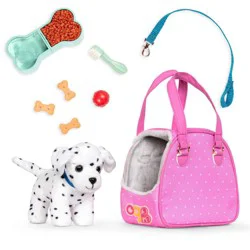 Our Generation Hop In Dog Carrier & Pet Plush Puppy Dalmatian for 18" Dolls: 12-Piece Doll Accessories Set